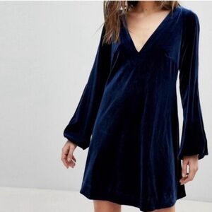 Free People Misha Navy Velvet Long Sleeve Mini Dress Navy